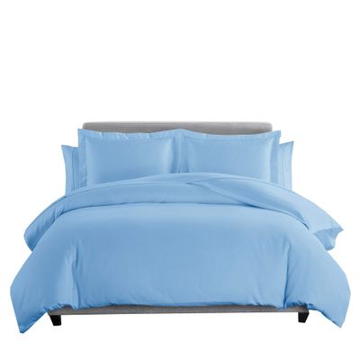 8 Pieces 100% Cotton Solid Blue Full Goose Down Bed in a Bag Set Including 600TC Sheet Set + 600TC Duvet Cover Set+ All Season Striped Goose Down Comforter 600 Fill Power
