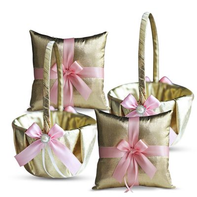 Alex Emotions Gold & Pink Wedding Ring Bearer Pillow and Flower Girl Basket Set  Satin & Ribbons  Pairs Well with Most Dresses & Themes  Splendour Every Wedding Deserves