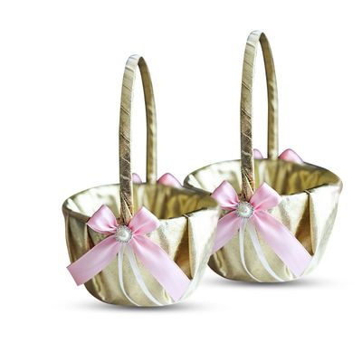 Alex Emotions Gold & Pink Wedding Ring Bearer Pillow and Flower Girl Basket Set  Satin & Ribbons  Pairs Well with Most Dresses & Themes  Splendour Every Wedding Deserves