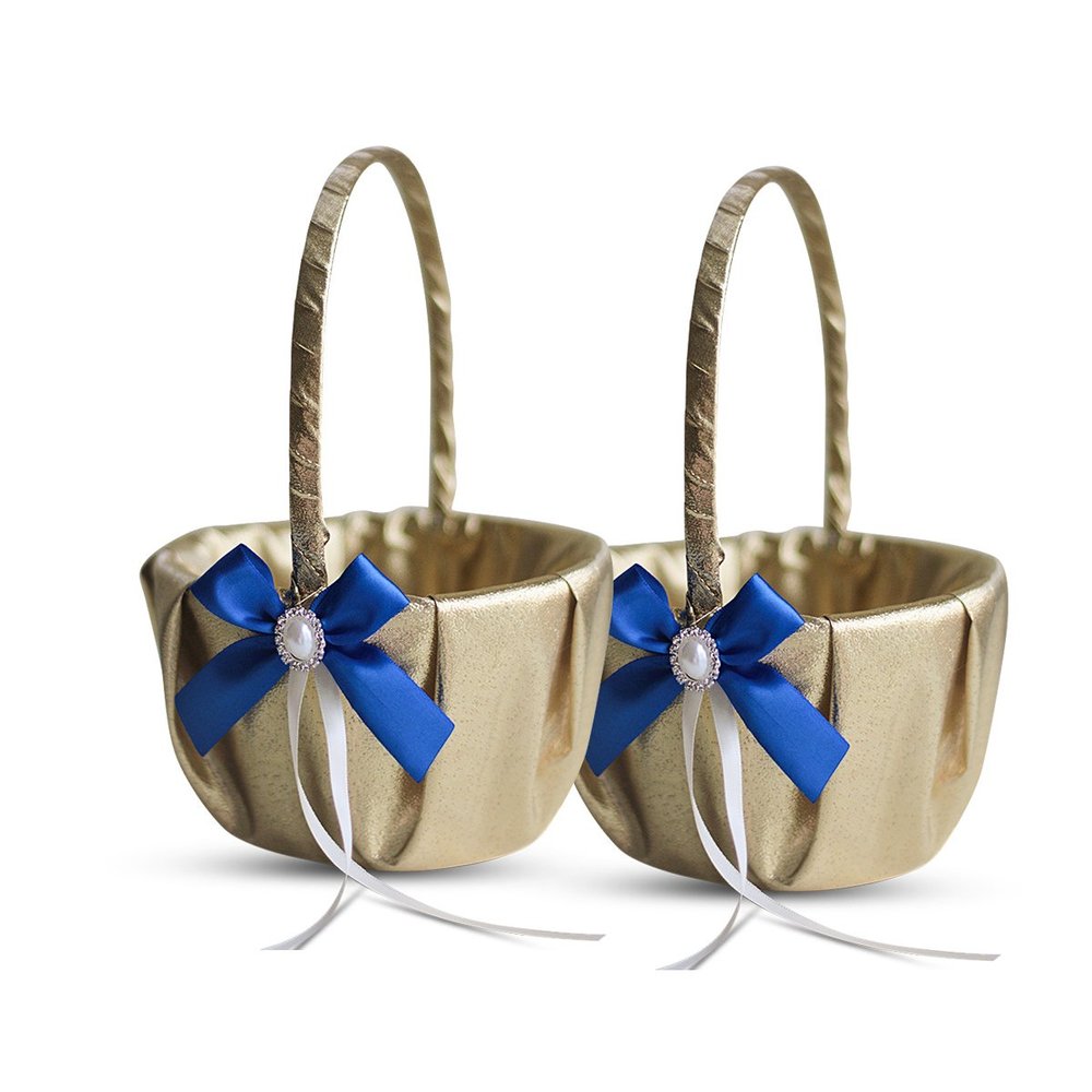 Alex Emotions Gold & Royal Blue Wedding Ring Bearer Pillow and Flower Girl Basket Set Satin & Ribbons Pairs Well with Most Dresses & Themes Splendour Every Wedding Deserves