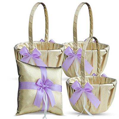 Alex Emotions Gold & Violet/Lilac/Lavender Wedding Ring Bearer Pillow and Flower Girl Basket Set Satin & Ribbons Pairs Well with Most Dresses & Themes Splendour Every Wedding Deserves