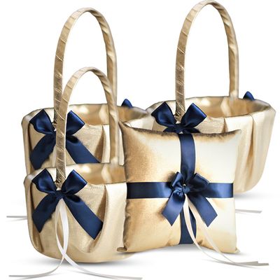 Alex Emotions Gold & Navy Blue Wedding Ring Bearer Pillow and Flower Girl Basket Set Satin & Ribbons Pairs Well with Most Dresses & Themes Splendour Every Wedding Deserves