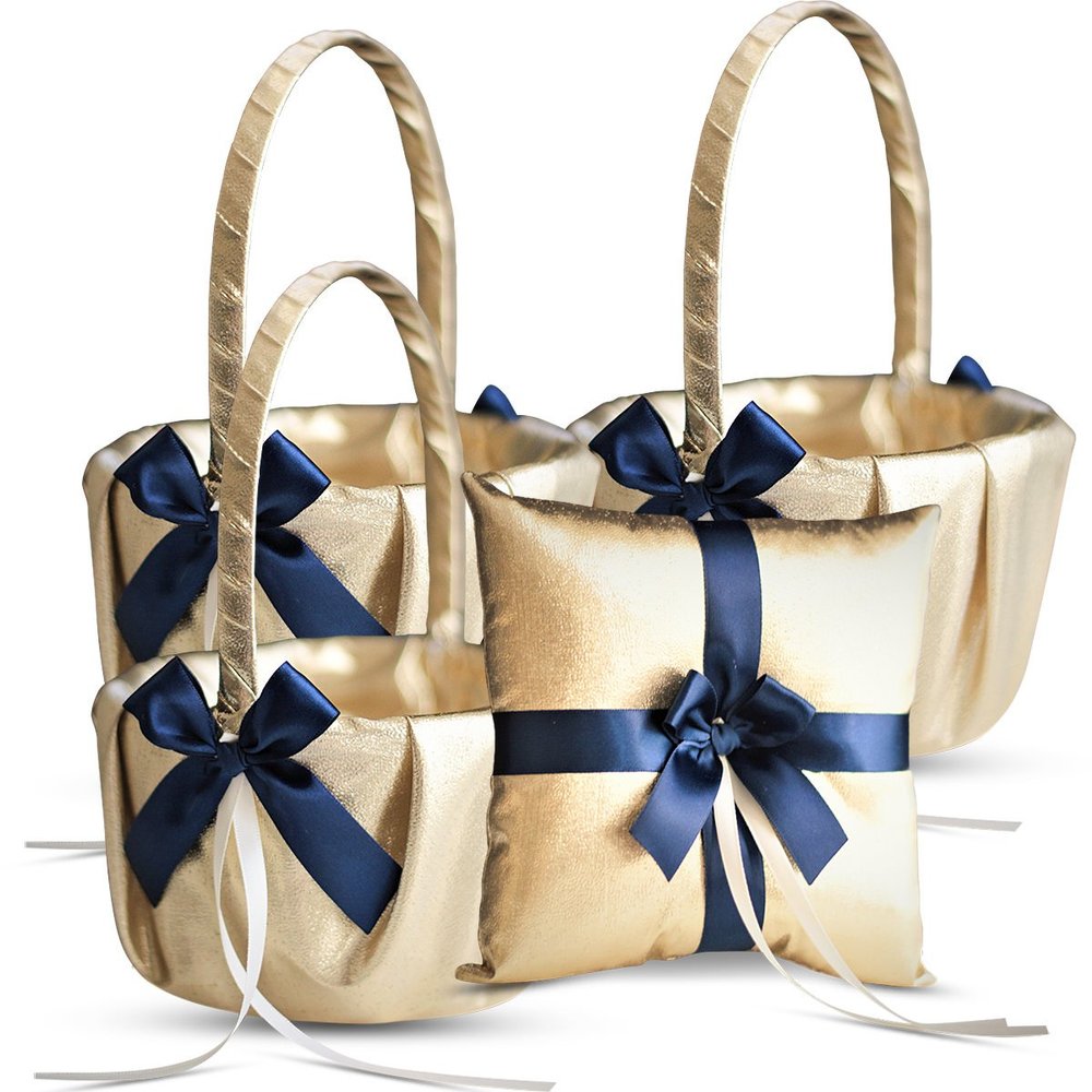 Alex Emotions Gold & Navy Blue Wedding Ring Bearer Pillow and Flower Girl Basket Set Satin & Ribbons Pairs Well with Most Dresses & Themes Splendour Every Wedding Deserves