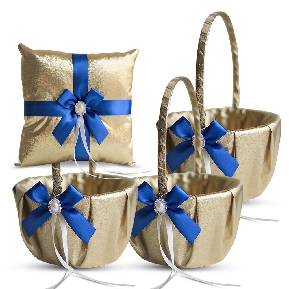 Alex Emotions Gold & Royal Blue Wedding Ring Bearer Pillow and Flower Girl Basket Set Satin & Ribbons Pairs Well with Most Dresses & Themes Splendour Every Wedding Deserves