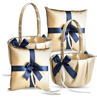 Alex Emotions Gold & Navy Blue Wedding Ring Bearer Pillow and Flower Girl Basket Set Satin & Ribbons Pairs Well with Most Dresses & Themes Splendour Every Wedding Deserves