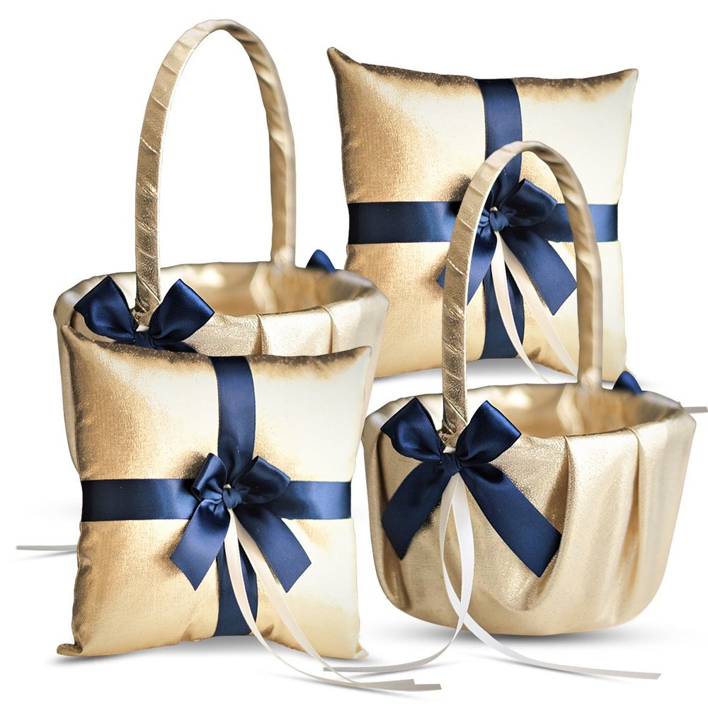 Alex Emotions Gold & Navy Blue Wedding Ring Bearer Pillow and Flower Girl Basket Set Satin & Ribbons Pairs Well with Most Dresses & Themes Splendour Every Wedding Deserves