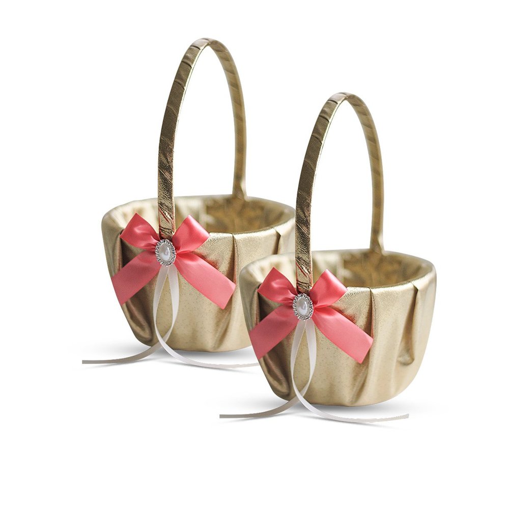 Alex Emotions Gold & Coral Wedding Ring Bearer Pillow and Flower Girl Basket Set  Satin & Ribbons  Pairs Well with Most Dresses & Themes  Splendour Every Wedding Deserves