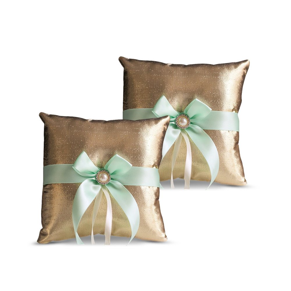 Alex Emotions Gold & Mint Wedding Ring Bearer Pillow and Flower Girl Basket Set Satin & Ribbons Pairs Well with Most Dresses & Themes Splendour Every Wedding Deserves