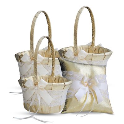 Alex Emotions Gold & Ivory LACE Wedding Ring Bearer Pillow and Flower Girl Basket Set Satin & Ribbons Pairs Well with Most Dresses & Themes Splendour Every Wedding Deserves