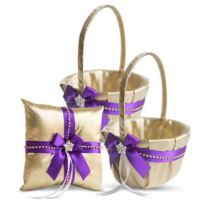 Alex Emotions Gold & Purple Jewel Wedding Ring Bearer Pillow and Flower Girl Basket Set  Satin & Ribbons  Pairs Well with Most Dresses & Themes  Splendour Every Wedding Deserves