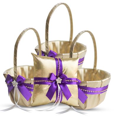Alex Emotions Gold & Purple Jewel Wedding Ring Bearer Pillow and Flower Girl Basket Set Satin & Ribbons Pairs Well with Most Dresses & Themes Splendour Every Wedding Deserves