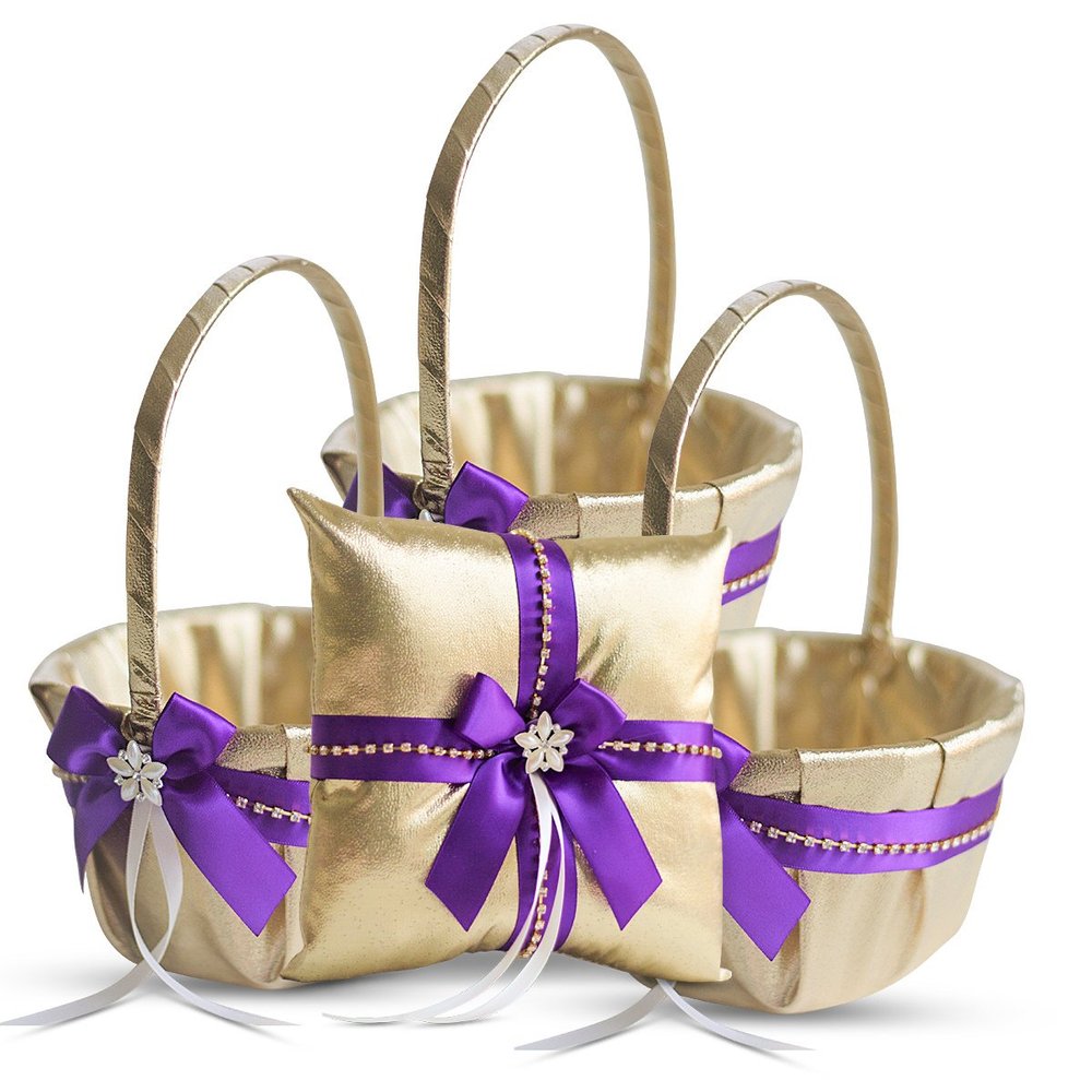 Alex Emotions Gold & Purple Jewel Wedding Ring Bearer Pillow and Flower Girl Basket Set Satin & Ribbons Pairs Well with Most Dresses & Themes Splendour Every Wedding Deserves