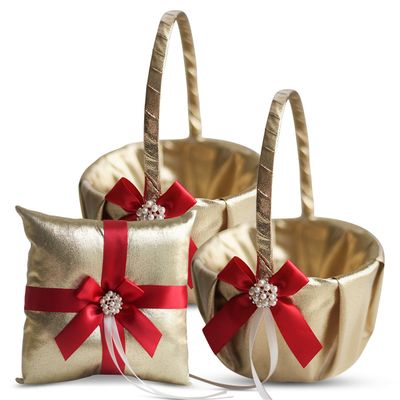 Alex Emotions Gold & RED Wedding Ring Bearer Pillow and Flower Girl Basket Set  Satin & Ribbons  Pairs Well with Most Dresses & Themes  Splendour Every Wedding Deserves