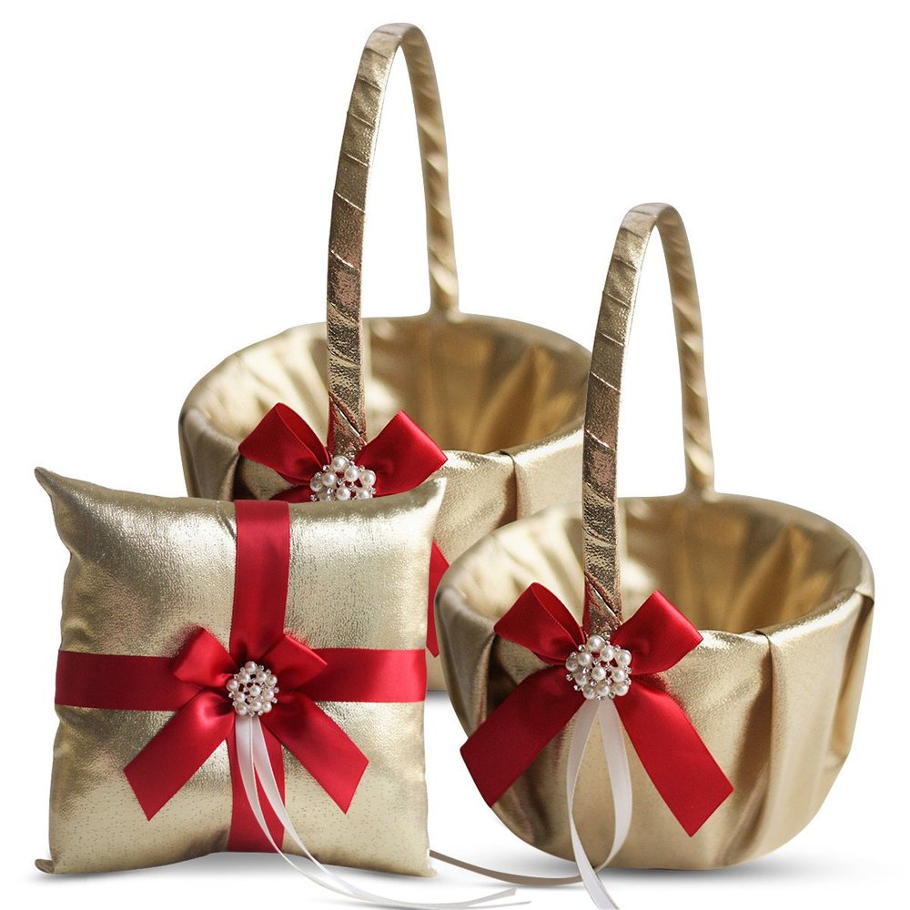 Alex Emotions Gold & RED Wedding Ring Bearer Pillow and Flower Girl Basket Set  Satin & Ribbons  Pairs Well with Most Dresses & Themes  Splendour Every Wedding Deserves