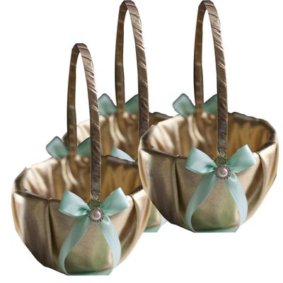 Alex Emotions Gold & Mint Wedding Ring Bearer Pillow and Flower Girl Basket Set  Satin & Ribbons  Pairs Well with Most Dresses & Themes  Splendour Every Wedding Deserves