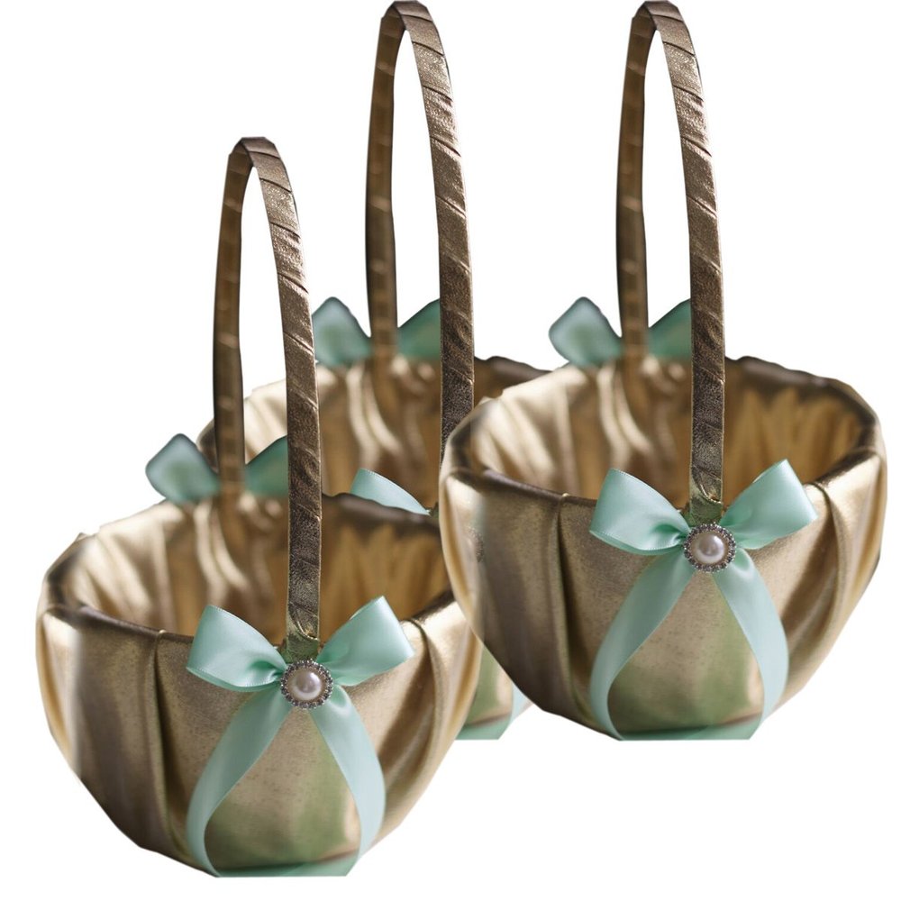 Alex Emotions Gold & Mint Wedding Ring Bearer Pillow and Flower Girl Basket Set  Satin & Ribbons  Pairs Well with Most Dresses & Themes  Splendour Every Wedding Deserves