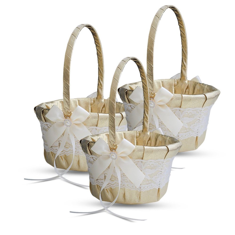 Alex Emotions Gold & Ivory LACE Wedding Ring Bearer Pillow and Flower Girl Basket Set  Satin & Ribbons  Pairs Well with Most Dresses & Themes  Splendour Every Wedding Deserves