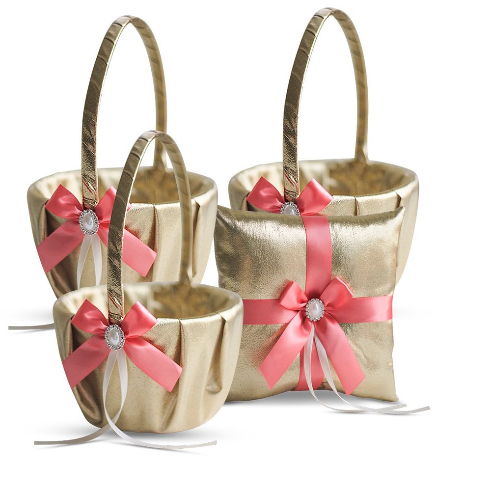 Alex Emotions Gold & Coral Wedding Ring Bearer Pillow and Flower Girl Basket Set Satin & Ribbons Pairs Well with Most Dresses & Themes Splendour Every Wedding Deserves