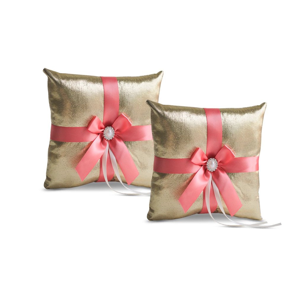 Alex Emotions Gold & Coral Wedding Ring Bearer Pillow and Flower Girl Basket Set  Satin & Ribbons  Pairs Well with Most Dresses & Themes  Splendour Every Wedding Deserves