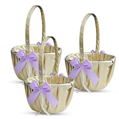 Alex Emotions Gold & Violet/Lilac/Lavender Wedding Ring Bearer Pillow and Flower Girl Basket Set  Satin & Ribbons  Pairs Well with Most Dresses & Themes  Splendour Every Wedding Deserves