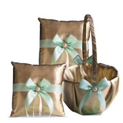 Alex Emotions Gold & Mint Wedding Ring Bearer Pillow and Flower Girl Basket Set  Satin & Ribbons  Pairs Well with Most Dresses & Themes  Splendour Every Wedding Deserves