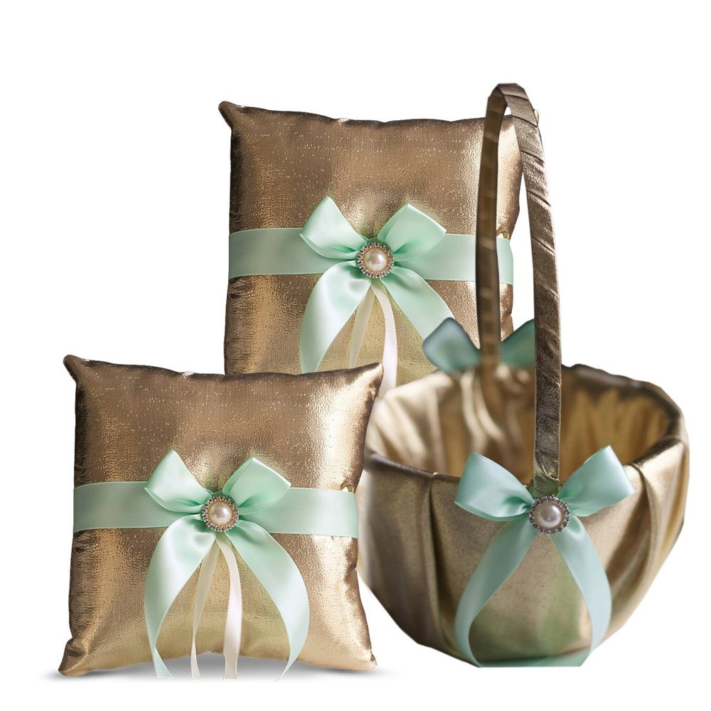 Alex Emotions Gold & Mint Wedding Ring Bearer Pillow and Flower Girl Basket Set  Satin & Ribbons  Pairs Well with Most Dresses & Themes  Splendour Every Wedding Deserves