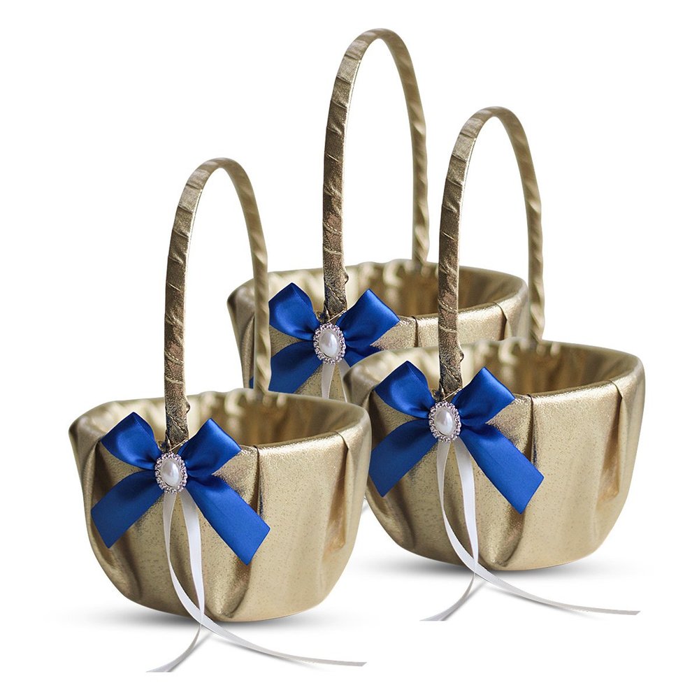 Alex Emotions Gold & Royal Blue Wedding Ring Bearer Pillow and Flower Girl Basket Set  Satin & Ribbons  Pairs Well with Most Dresses & Themes  Splendour Every Wedding Deserves