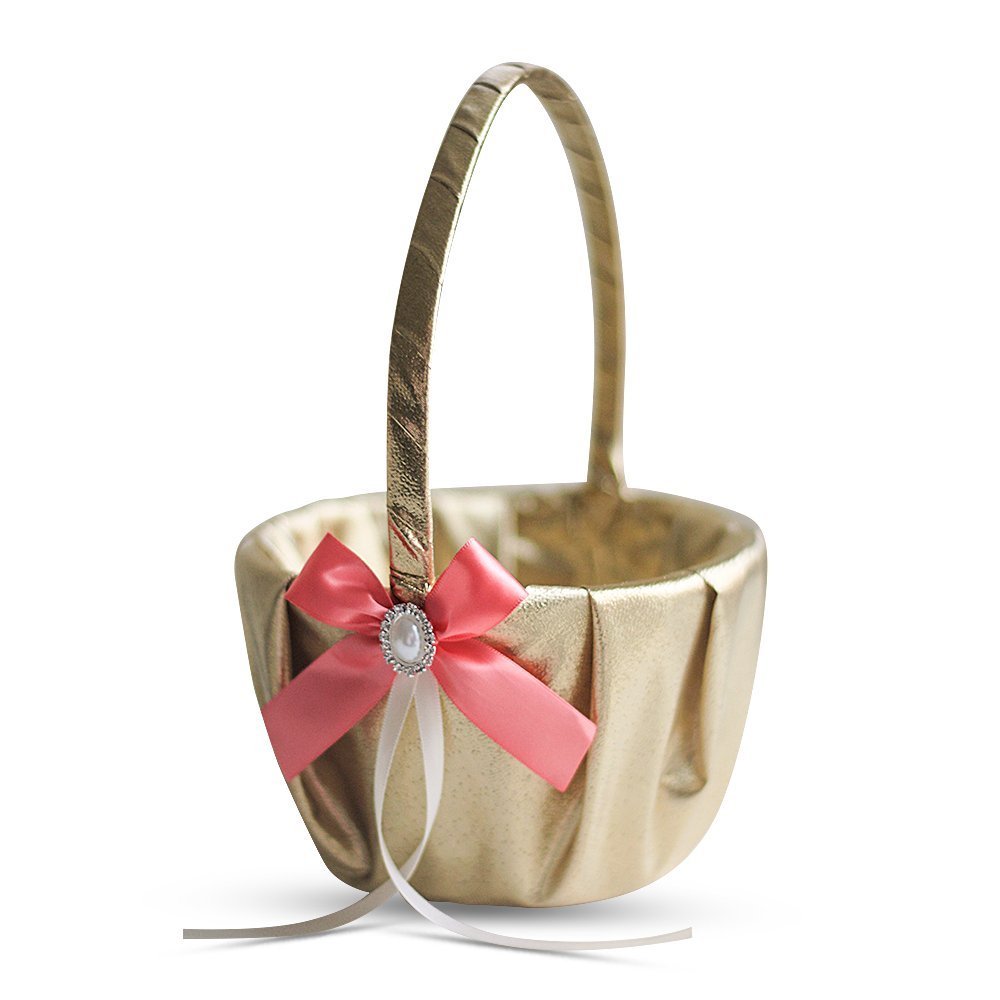 Alex Emotions Gold & Coral Wedding Ring Bearer Pillow and Flower Girl Basket Set  Satin & Ribbons  Pairs Well with Most Dresses & Themes  Splendour Every Wedding Deserves