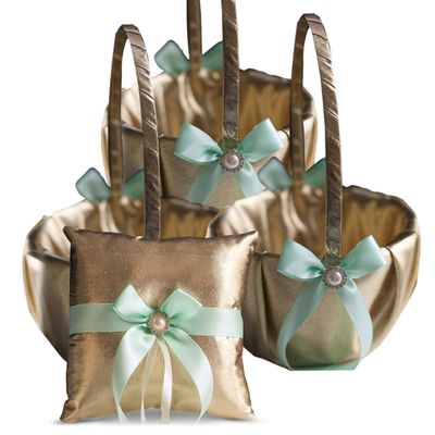 Alex Emotions Gold & Mint Wedding Ring Bearer Pillow and Flower Girl Basket Set Satin & Ribbons Pairs Well with Most Dresses & Themes Splendour Every Wedding Deserves