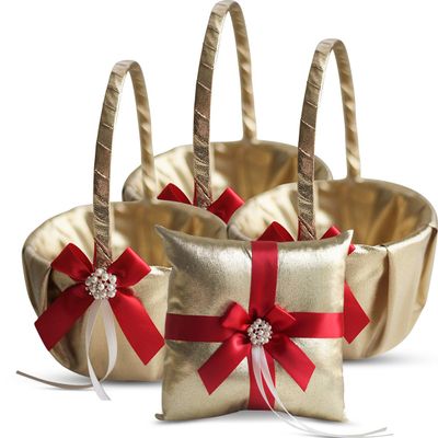 Alex Emotions Gold & RED Wedding Ring Bearer Pillow and Flower Girl Basket Set Satin & Ribbons Pairs Well with Most Dresses & Themes Splendour Every Wedding Deserves