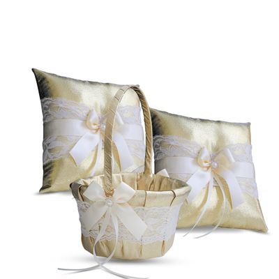 Alex Emotions Gold & Ivory LACE Wedding Ring Bearer Pillow and Flower Girl Basket Set  Satin & Ribbons  Pairs Well with Most Dresses & Themes  Splendour Every Wedding Deserves