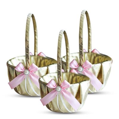 Alex Emotions Gold & Pink Wedding Ring Bearer Pillow and Flower Girl Basket Set  Satin & Ribbons  Pairs Well with Most Dresses & Themes  Splendour Every Wedding Deserves