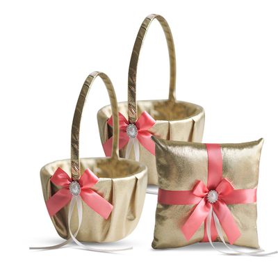 Alex Emotions Gold & Coral Wedding Ring Bearer Pillow and Flower Girl Basket Set  Satin & Ribbons  Pairs Well with Most Dresses & Themes  Splendour Every Wedding Deserves