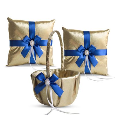 Alex Emotions Gold & Royal Blue Wedding Ring Bearer Pillow and Flower Girl Basket Set  Satin & Ribbons  Pairs Well with Most Dresses & Themes  Splendour Every Wedding Deserves