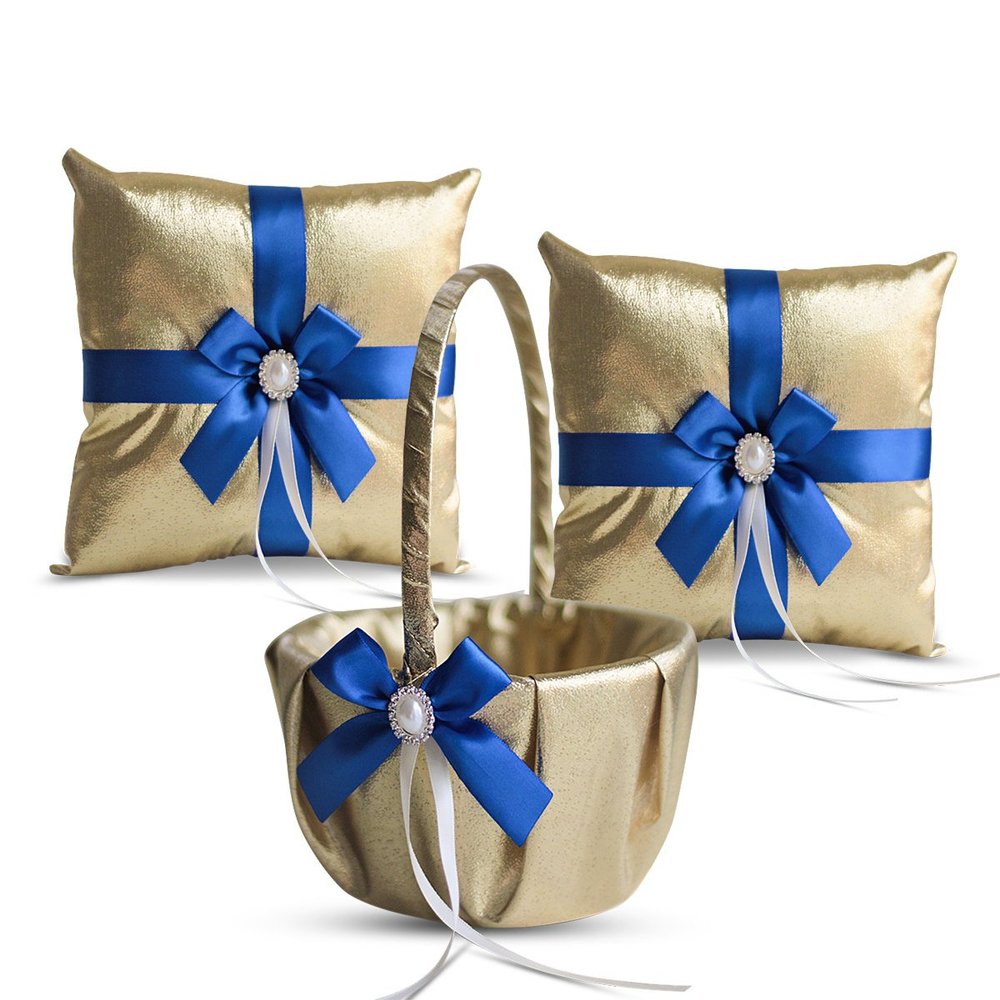 Alex Emotions Gold & Royal Blue Wedding Ring Bearer Pillow and Flower Girl Basket Set  Satin & Ribbons  Pairs Well with Most Dresses & Themes  Splendour Every Wedding Deserves