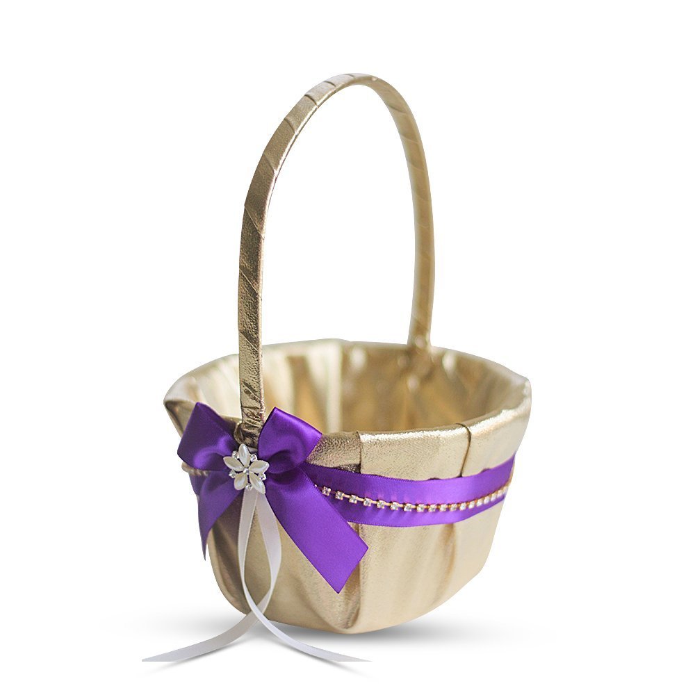 Alex Emotions Gold & Purple Jewel Wedding Ring Bearer Pillow and Flower Girl Basket Set  Satin & Ribbons  Pairs Well with Most Dresses & Themes  Splendour Every Wedding Deserves