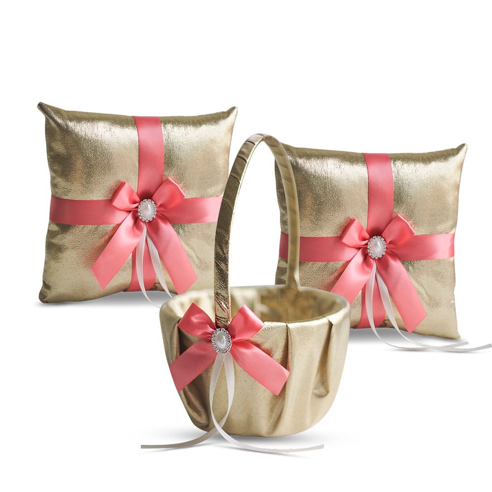 Alex Emotions Gold & Coral Wedding Ring Bearer Pillow and Flower Girl Basket Set  Satin & Ribbons  Pairs Well with Most Dresses & Themes  Splendour Every Wedding Deserves