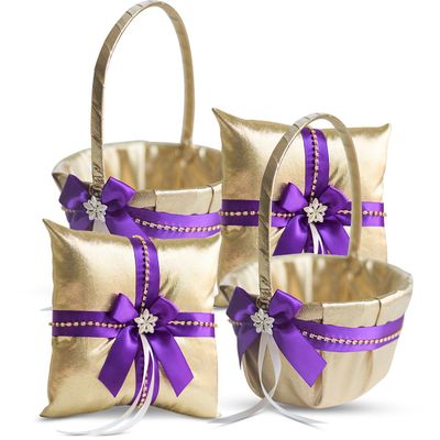 Alex Emotions Gold & Purple Jewel Wedding Ring Bearer Pillow and Flower Girl Basket Set Satin & Ribbons Pairs Well with Most Dresses & Themes Splendour Every Wedding Deserves