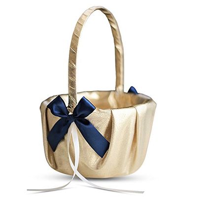 Alex Emotions Gold & Navy Blue Wedding Ring Bearer Pillow and Flower Girl Basket Set  Satin & Ribbons  Pairs Well with Most Dresses & Themes  Splendour Every Wedding Deserves