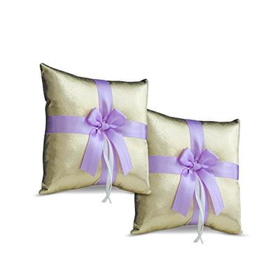 Alex Emotions Gold & Violet/Lilac/Lavender Wedding Ring Bearer Pillow and Flower Girl Basket Set  Satin & Ribbons  Pairs Well with Most Dresses & Themes  Splendour Every Wedding Deserves