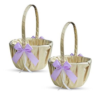 Alex Emotions Gold & Violet/Lilac/Lavender Wedding Ring Bearer Pillow and Flower Girl Basket Set  Satin & Ribbons  Pairs Well with Most Dresses & Themes  Splendour Every Wedding Deserves