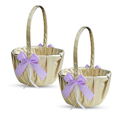 Alex Emotions Gold & Violet/Lilac/Lavender Wedding Ring Bearer Pillow and Flower Girl Basket Set  Satin & Ribbons  Pairs Well with Most Dresses & Themes  Splendour Every Wedding Deserves