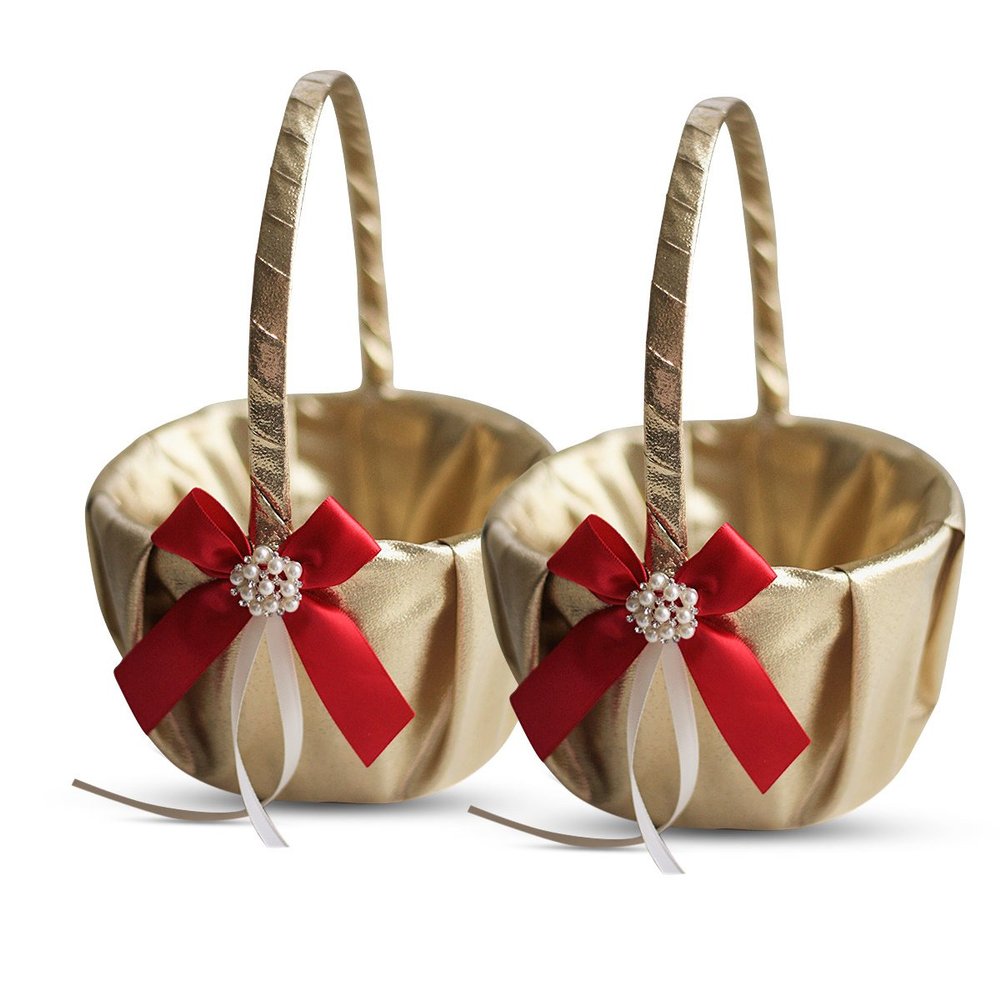 Alex Emotions Gold & RED Wedding Ring Bearer Pillow and Flower Girl Basket Set Satin & Ribbons Pairs Well with Most Dresses & Themes Splendour Every Wedding Deserves