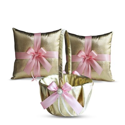 Alex Emotions Gold & Pink Wedding Ring Bearer Pillow and Flower Girl Basket Set  Satin & Ribbons  Pairs Well with Most Dresses & Themes  Splendour Every Wedding Deserves