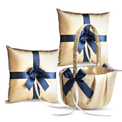 Alex Emotions Gold & Navy Blue Wedding Ring Bearer Pillow and Flower Girl Basket Set  Satin & Ribbons  Pairs Well with Most Dresses & Themes  Splendour Every Wedding Deserves