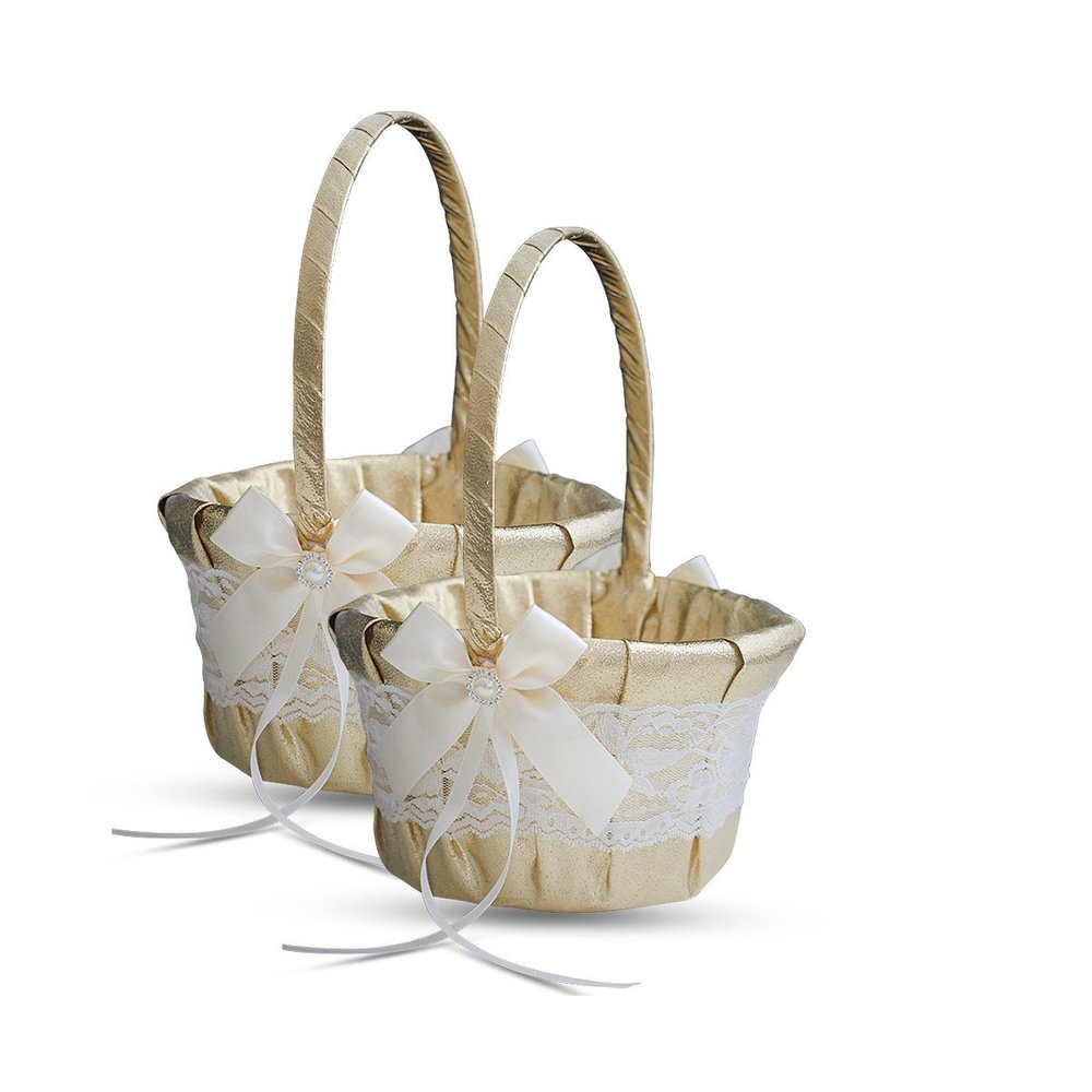 Alex Emotions Gold & Ivory LACE Wedding Ring Bearer Pillow and Flower Girl Basket Set Satin & Ribbons Pairs Well with Most Dresses & Themes Splendour Every Wedding Deserves