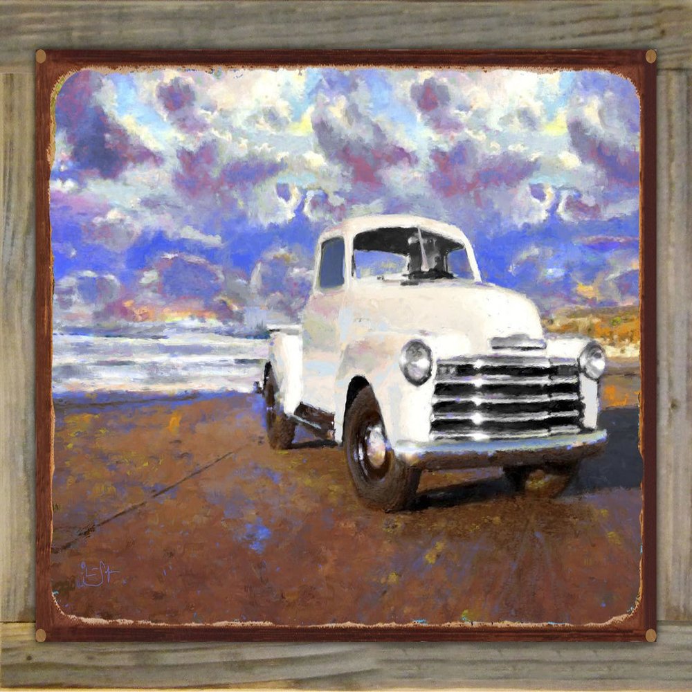 1951 Chevy Rustic Metal Print on Reclaimed Barn Wood from Artwork by Artist Lisa Sofia Robinson 17" x 23"