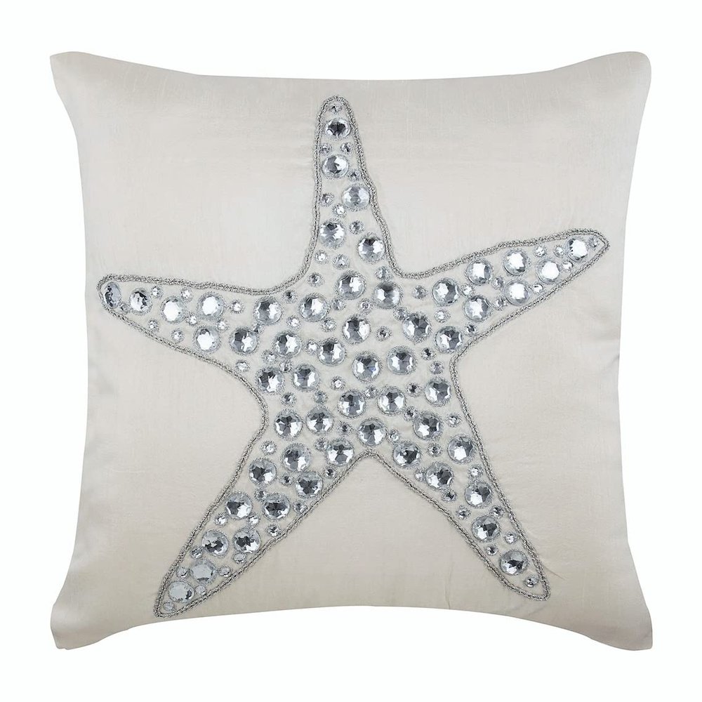 The HomeCentric Cushion Cover, Toss Pillow Covers, Decorative Pillow Covers 14x14 inch (35x35 cm) Ivory, Silk Throw Pillow Covers, Handmade Pillow Covers, Beach, Sea Creatures - Starfish Crystals