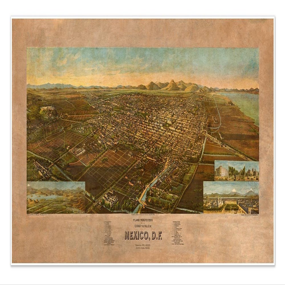 Antiguos Maps - Map Plano perspectivo de la Ciudad y del Valle de Mexico Mexico City Circa 1906 - Measures 24 in x 48 in (610 mm x 1219 mm)