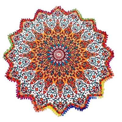 Pom Pom Fringing Roundie Yoga Mat, Star Beach Towel, Bohemian Tapestries, Indian Mandala Throw, Hippie Wall Hanging, Boho Picnic Blanket, Gypsy Table Cloth